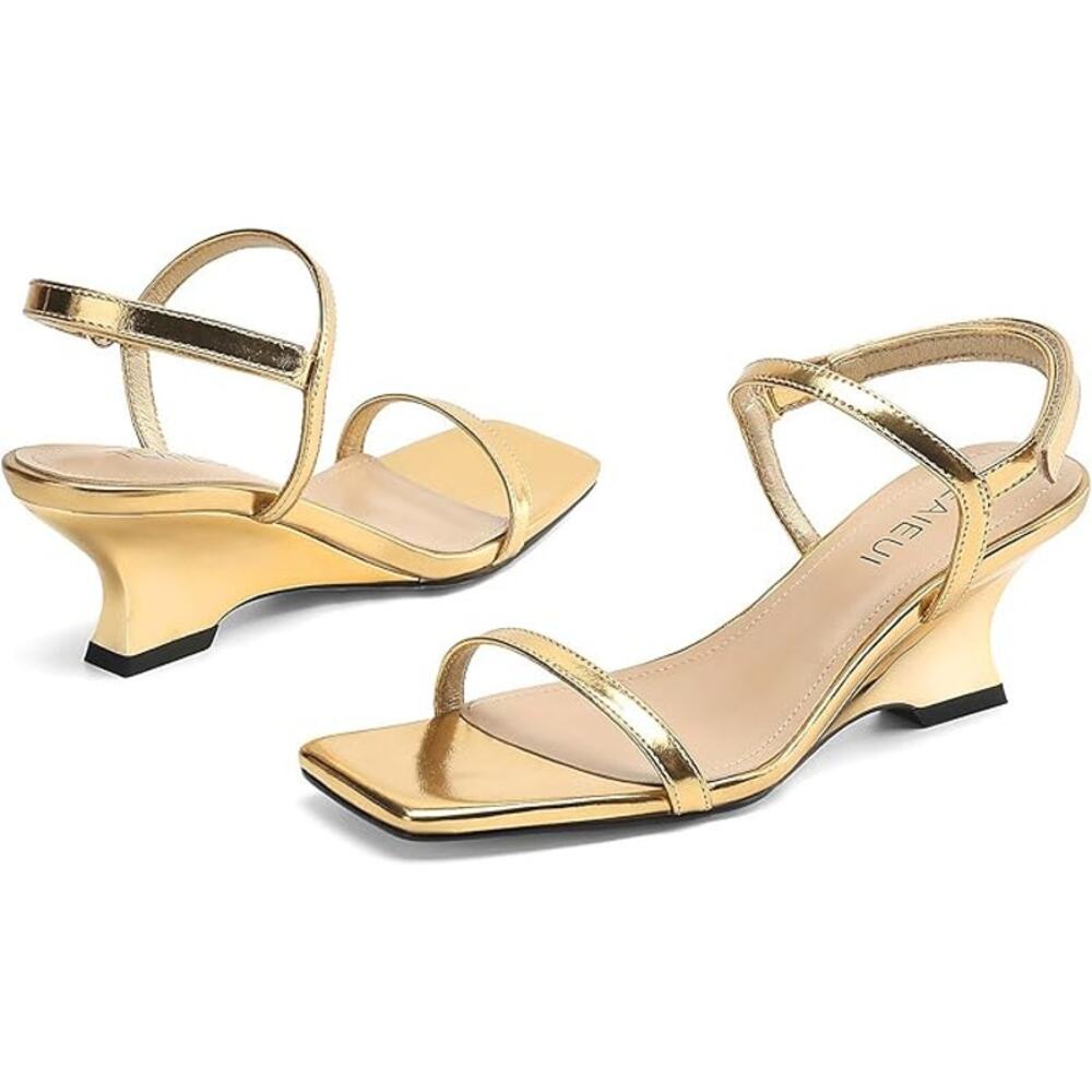 New Teaieui Womens 6.5 Shiny Gold 2.5" Wedge Heel Open Toe Ankle Strap Shoes - Picture 2 of 6